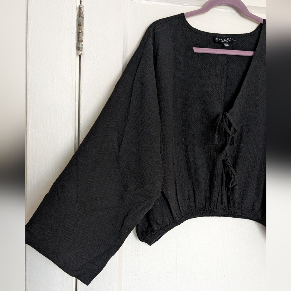 Eloquii Cropped Boxy Tie Front Black Linen Top